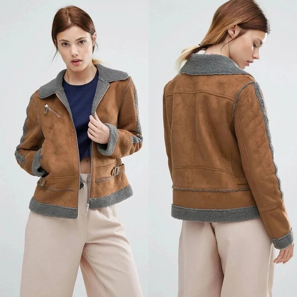 Urbancode London Tan/Grey Contrast Faux Shearling Jacket UK 6 US 2 - Picture 1 of 7